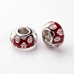 Large Hole Rondelle Resin European Beads, with Platinum Tone Brass Double Cores, Christmas, Dark Red, 14x8mm, Hole: 5mm(RPDL-H003-22)