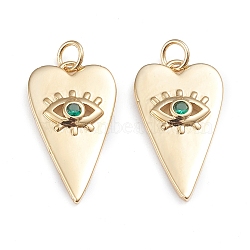 Brass Micro Pave Cubic Zirconia Pendants, with Jump Rings, Long-Lasting Plated, Heart with Evil Eye, Real 18K Gold Plated, Green, 24.5x13.5x3mm, Jump Ring: 5x0.8mm, 3.2mm Inner Diameter(X-ZIRC-I042-01A)