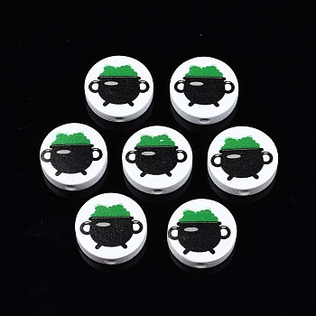 Halloween Printed Natural Wood Beads, Flat Round with Wicth Cauldron Pattern, Green, 19~20x5.9mm, Hole: 2~2.2mm