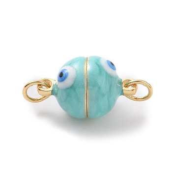 Brass Magnetic Clasps, with Enamel, Round with Evil Eye, Real 18K Gold Plated, Medium Turquoise, 16x10mm, Hole: 3mm