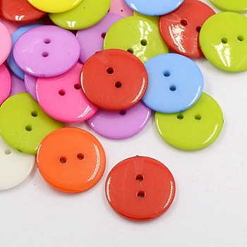 Acrylic Sewing Buttons, Plastic Buttons for Costume Design, 2-Hole, Dyed, Flat Round, Mixed Color, 15x2mm, Hole: 1mm
