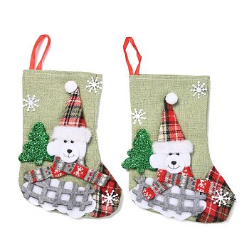 Cloth Hanging Christmas Stocking, with Plaid Pattern, Candy Gift Bag, for Christmas Tree Decoration, Bear and Snowflake, Dark Sea Green, 220x160x18mm