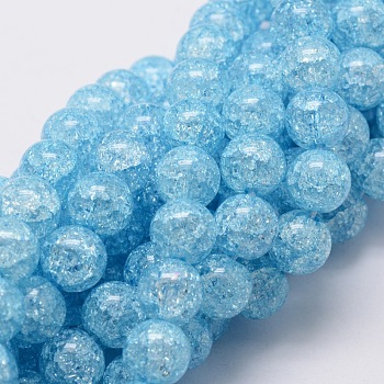 Crackle Glass Round Beads Strands, Sky Blue, 12mm, Hole: 1mm, about 33pcs/strand, 15 inch