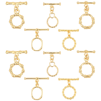 Elite 10Set 5 Style Brass Toggle Clasps, with Jump Rings, Long-Lasting Plated, Polygon, Real 18K Gold Plated, Polygon: 20x15.5x2mm, Hole: 3.4x3mm, Bar:21x7x2mm, Hole: 1.8mm, 5 style, 2set/style, 10set