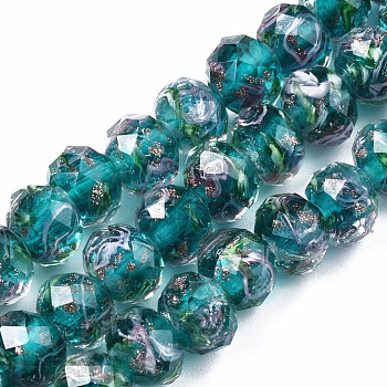 Handmade Gold Sand Lampwork Beads Strands, Inner Flower, Faceted Rondelle, Light Sea Green, 8x6mm, Hole: 2mm, about 70pcs/strand, 17.3 inch