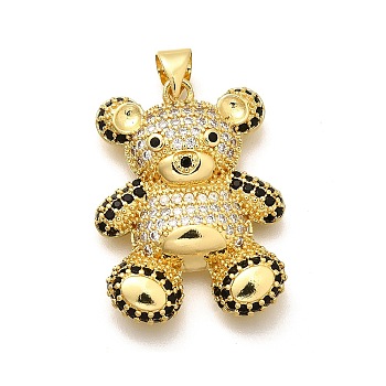 Rack Plating Brass Micro Pave Cubic Zirconia Pendants, Long-Lasting Plated, Lead Free & Cadmium Free, Bear Charms, Real 18K Gold Plated, 28x21x5mm, Hole: 5x3mm