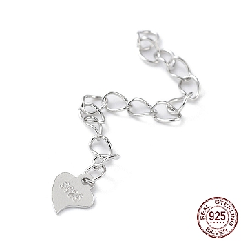Rhodium Plated 925 Sterling Silver Chain Extenders, Curb Chain with Heart Tag, with S925 Stamp, Real Platinum Plated, 50mm