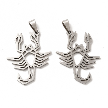 201 Stainless Steel Pendants, Scorpion Outline Charms, Stainless Steel Color, 30x25x1.5mm, Hole: 6.5x3mm