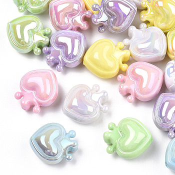 UV Plating Opaque Rainbow Iridescent Acrylic Beads, Heart with Crown, Mixed Color, 24.5x21.5x14mm, Hole: 3mm