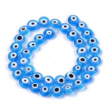 Handmade Evil Eye Lampwork Beads Strands, Flat Round, Deep Sky Blue, 9.5x3.5mm, Hole: 1.2mm, about 38pcs/strand, 14.1 inch~14.5 inch