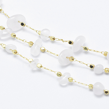 Handmade Natural Rose Quartz Beaded Chains, Soldered, with Spool, Brass Chains and Brass Beads, Long-Lasting Plated, Real 18K Gold Plated, 4~14x4~11x2~7mm, Brass Beads: about 2x2x2mm, about 32.8 Feet(10m)/roll
