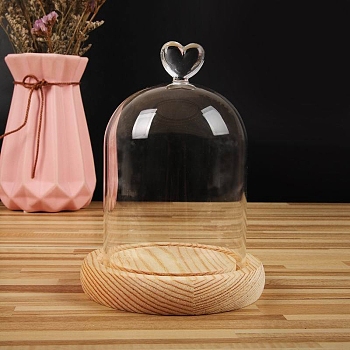 Heart Shaped Top Clear Glass Dome Cover, Decorative Display Case, Cloche Bell Jar Terrarium with Wood Base, BurlyWood, 90x140mm