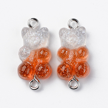 Transparent Resin Links, with Glitter Powder and Platinum Tone Iron Loops, Bear, Tomato, 24~25x11x7mm, Hole: 1.8mm