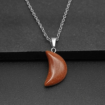 Moon Synthetic Goldstone Pendant Necklaces, with Platinum Alloy Cable Chains, 19.69 inch(50cm)