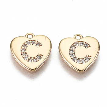 Brass Micro Pave Clear Cubic Zirconia Charms, Nickel Free, Real 18K Gold Plated, Flat Heart, Letter.C, 10x10x1mm, Hole: 1mm
