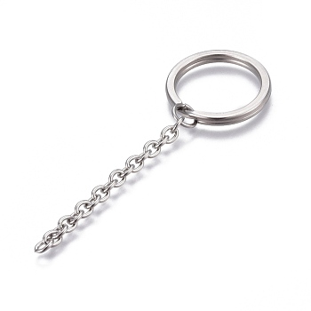 304 Stainless Steel Split Key Ring Clasps, For Keychain Making, with Extended Cable Chains, Stainless Steel Color, 80mm, Ring: 28x3mm