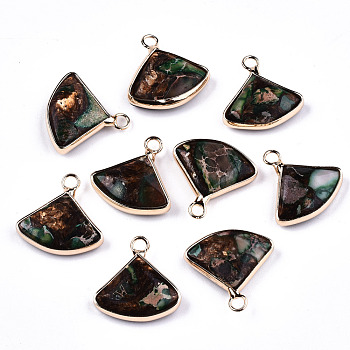 Fan Assembled Synthetic Bronzite and Regalite/Imperial Jasper Pendants, with Iron Loop and Brass Edge, Light Gold, Dyed, Medium Sea Green, 18~21x18~20.5x5~6mm, Hole: 2mm