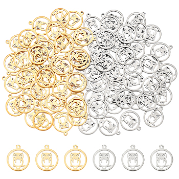 80Pcs 2 Color 304 Stainless Steel Pendants, Ring with Owl, Golden & Stainless Steel Color, 16.5x14x1mm, Hole: 1.2mm, 40pcs/color