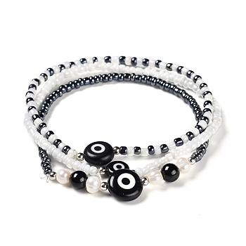 Stretch Bracelets Sets, Stackable Bracelets, with Natural Black Agate Beads, Evil Eye Handmade Lampwork Beads, Glass Seed Beads, Natural Pearl Beads and Brass Beads, Inner Diameter: 6cm, 3pcs/set