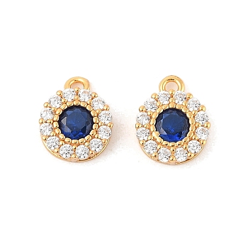 925 Sterling Silver Clear & Dark Blue Cubic Zirconia Flat Round Charms, Rack Plating, with 925 Stamp, Real 18K Gold Plated, 10x8x3mm, Hole: 1.2mm