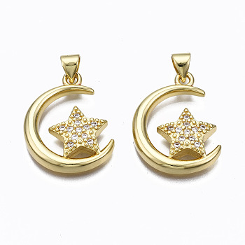 Brass Micro Pave clear Cubic Zirconia Pendants, Nickel free, Moon with Star, Real 16K Gold Plated, 23x17x4mm, Hole: 3x5mm