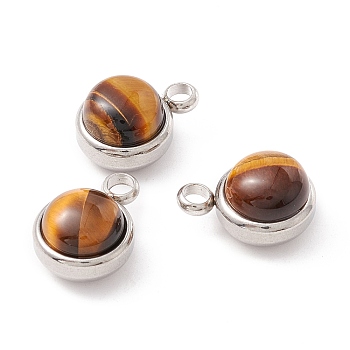 Natural Tiger Eye Charms, with 304 Stainless Steel Findings, Half Round, Stainless Steel Color, 13.5x10x7.5mm, Hole: 2.5mm