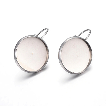 304 Stainless Steel Leverback Earring Settings, Flat Round, Stainless Steel Color, Tray: 16mm, 27x18x16mm, Pin: 0.7mm
