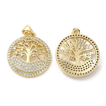 Rack Plating Brass Pendants, with Cubic Zirconia, Round with Tree, Real 16K Gold Plated, 23x20x4.5mm, Hole: 4x3.5mm