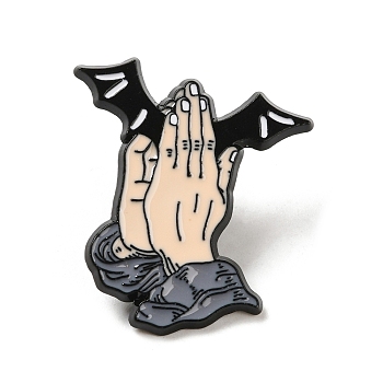 Black Zinc Alloy Brooches, Praying Hand Enamel Pins, Bat, 28x26x1.5mm