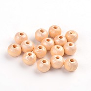Round Natural Wood Beads, Dyed, Lead Free, Camel, 7~8x8~9mm, Hole: 2~3mm, about 3000pcs/500g(WOOD-Q017-8mm-08-LF)