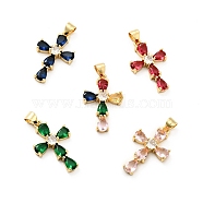Rack Plating Brass Micro Pave Cubic Zirconia Pendants, Long-Lasting Plated, Lead Free & Cadmium Free, Cross, Real 18K Gold Plated, Religion, Mixed Color, 24.5x15.5x4mm, Hole: 3.5x4mm(ZIRC-F129-33-G)