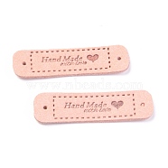 PU Leather Label Tags, Handmade Embossed Tag, with Holes, for DIY Jeans, Bags, Shoes, Hat Accessories, Rectangle with Word Handmade, Pink, 55x15x1.2mm, Hole: 2mm(X-DIY-H131-A01)