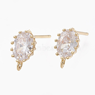 Brass Stud Earring Findings, with Loop, Real 18K Gold Plated, with Cubic Zirconia, Oval, Clear, 10x6mm, Hole: 1.2mm, Pin: 0.7mm(KK-S348-117)