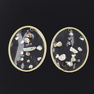 Epoxy Resin Pendants, with Shell and Brass Findings, Oval, Colorful, Golden, 28x22.5x1~2mm, Hole: 1.5mm(RESI-S365-21)