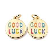 Brass Enamel Pendants, with Jump Ring, Long-Lasting Plated, Real 18K Gold Plated, Flat Round & Word GOOD LUCK, Colorful, 16x14x2mm, Jump Ring: 5x0.8mm, 3.4mm Inner Diameter(X-KK-K250-25G)