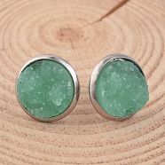 Flat Round 304 Stainless Steel Druzy Resin Ear Studs, Light Green, 14x7mm, Pin: 0.7mm(EJEW-JE01964-03)