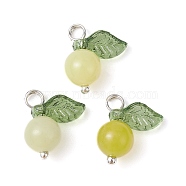 Natural Lemon Jade Fruit Charms, with Acrylic Leaf and Platinum Plated Brass Loops, Lemon Chiffon, 13x12x6mm, Hole: 2mm(PALLOY-JF02431-05)