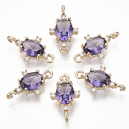 Glass Links connectors, with Brass Micro Pave Cubic Zirconia, Faceted, Oval, Light Gold, Blue Violet, 17.5x10x5mm, Hole: 1.2mm(GLAA-T021-11B-05)