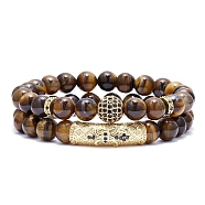 2Pcs 2 Style Dyed Natural Tiger Eye Beaded Stretch Bracelets Set, Coconut Brown, Inner Diameter: 2-3/8 inch(6cm), 1Pc/style(PW-WG89041-01)