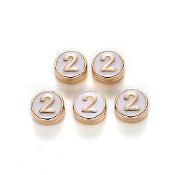 Alloy Enamel Beads, Flat Round, Number, Cadmium Free & Lead Free, Light Gold, White, 8x3.5mm, Hole: 1.5mm(X-ENAM-R055-04-02-RS)