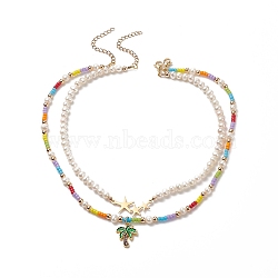 2Pcs 2 Styles Alloy Enamel Tree & Star Pendant Necklaces Set, Natural Pearl & Glass Seed Beaded Stackable Necklaces for Women, Mixed Color, 13.86~15.94 inch(35.2~40.5cm), 1Pc/style(NJEW-JN04186)