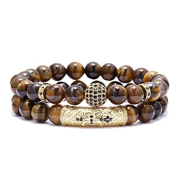 2Pcs 2 Style Dyed Natural Tiger Eye Beaded Stretch Bracelets Set, Coconut Brown, Inner Diameter: 2-3/8 inch(6cm), 1Pc/style(PW-WG89041-01)