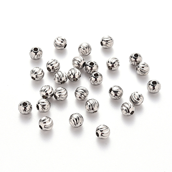 Tarnish Resistant 201 Stainless Steel Corrugated Beads, Round, Stainless Steel Color, 5x4.5mm, Hole: 1.8mm