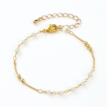 Faceted Glass Beaded Bracelets, with Brass Beads and Lobster Claw Clasps, Round, Real 18K Gold Plated, White, 7-1/4 inch(18.3cm)