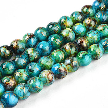 Baking Paint Glass Beads, Drawbench Style, Round, Cyan, 6~6.5mm, Hole: 1mm
