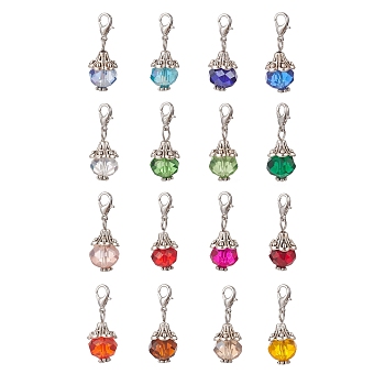 16Pcs Faceted Rondelle Glass Pendants Decorations, with Zinc Alloy Lobster Clasps Charm, for Keychain, Purse, Backpack Ornament, Mixed Color, 27mm