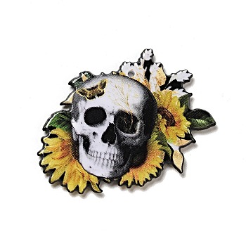 Halloween Printed Acrylic Pendants, Skull with Sunflower Charms, 37x40x2.5mm, Hole: 1.6mm