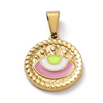 Ion Plating(IP) 304 Stainless Steel Pendants, with Enamel, Golden, Flat Round with Evil Eye Charm, Flamingo, 18.5x16.5x2mm, Hole: 7.5x3.5mm