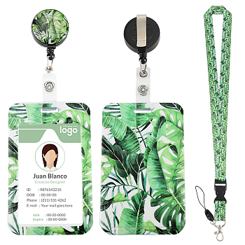 Leaf Pattern ABS Plastic ID Badge Holder Sets, include Lanyard and Retractable Badge Reel, ID Card Holders with Clear Window, Rectangle, Green, Card: 110x69x5.5mm
