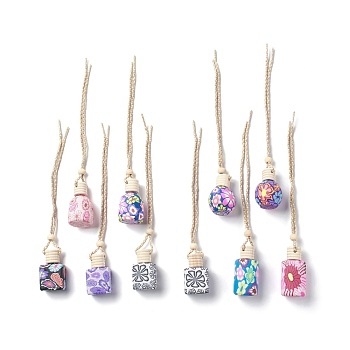 Empty Glass Perfume Bottle Pendants, Aromatherapy Fragrance Essential Oil Diffuser Bottle, Car Hanging Decor, with Wood Cap, Polymer Clay Flower Ornament, Mixed Color, 259~270mm